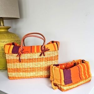 Sun N Sand Vintage Straw Tote Basket Set Boho Woven Beach Bag Orange